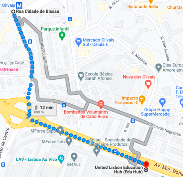 Mappa percorso Edu Hub - metropolitana lisbona